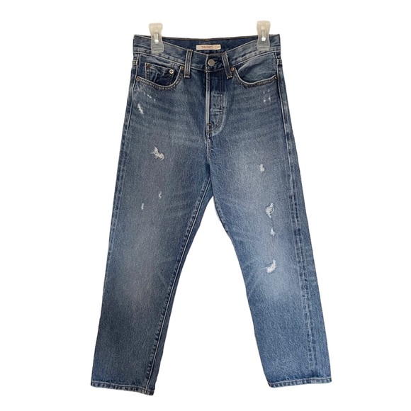 Levi's Wedgie Straight Jeans High Rise Medium Wash Before Dawn Distressed Sz 27 - Picture 7 of 15